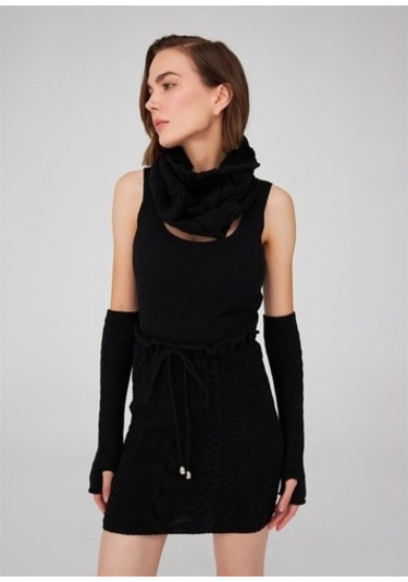 Peraluna Saç Örgü Desenli Kadın Triko Etek Siyah