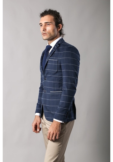Wessi 2 Düğmeli Ekose Slim Fit Lacivert Ceket Lacivert