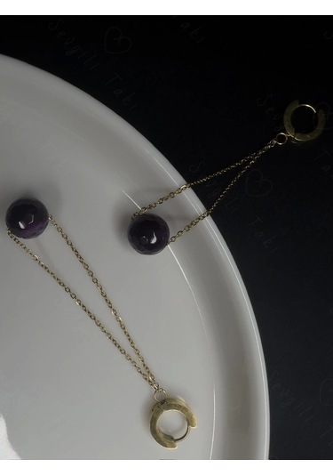 Akik Doğal Taşlı Gold Çelik Küpe -doğa Serisi Altın