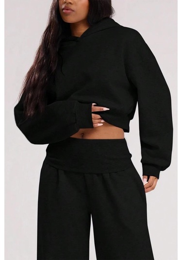 Brz Collection Relaxed Fit Basic Crop Hoodie Siyah Siyah