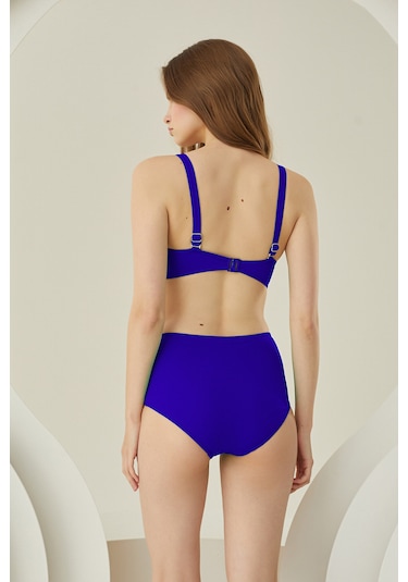 Loya Kadın Saks Mavi Yanları Fırfırlı Yüksel Bel Tek Alt Bikini Saks Mavi