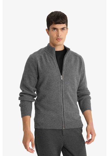 Defacto Standart Fit Dik Yaka Fermuarlı Triko Hırka F2983ax25wnar104 Antrasit