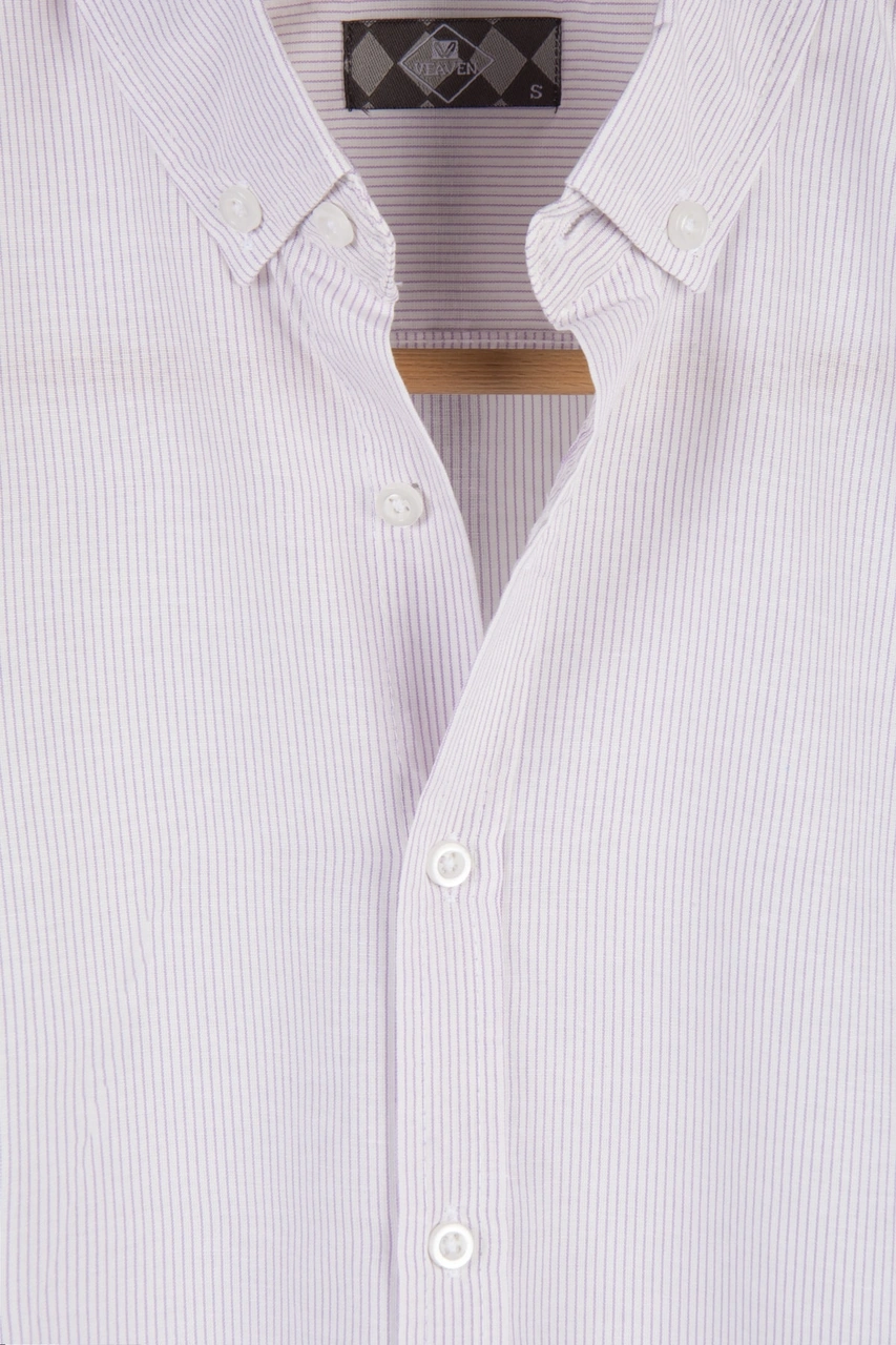 Veaven Erkek Lila Ince Dik Çizgili Uzun Kollu Slim Fit Gömlek Lila