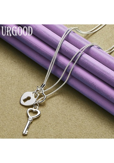 925 Ayar Gümüş Anahtar Kalp Kilit Kolye Yılan Zinciri Kadın Düğün Moda Charm Takı