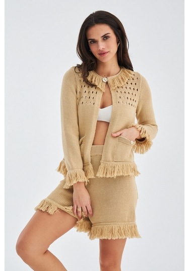 Peraluna Mıyoki Cardıgan & Shorts Mevsimlik Pamuklu Kadın Triko T Bej