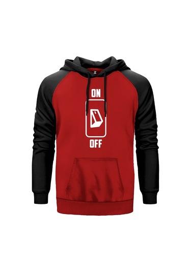 On Off Buton Kırmızı Reglan Kol Unisex Sweatshirt Hoodie Kırmızı