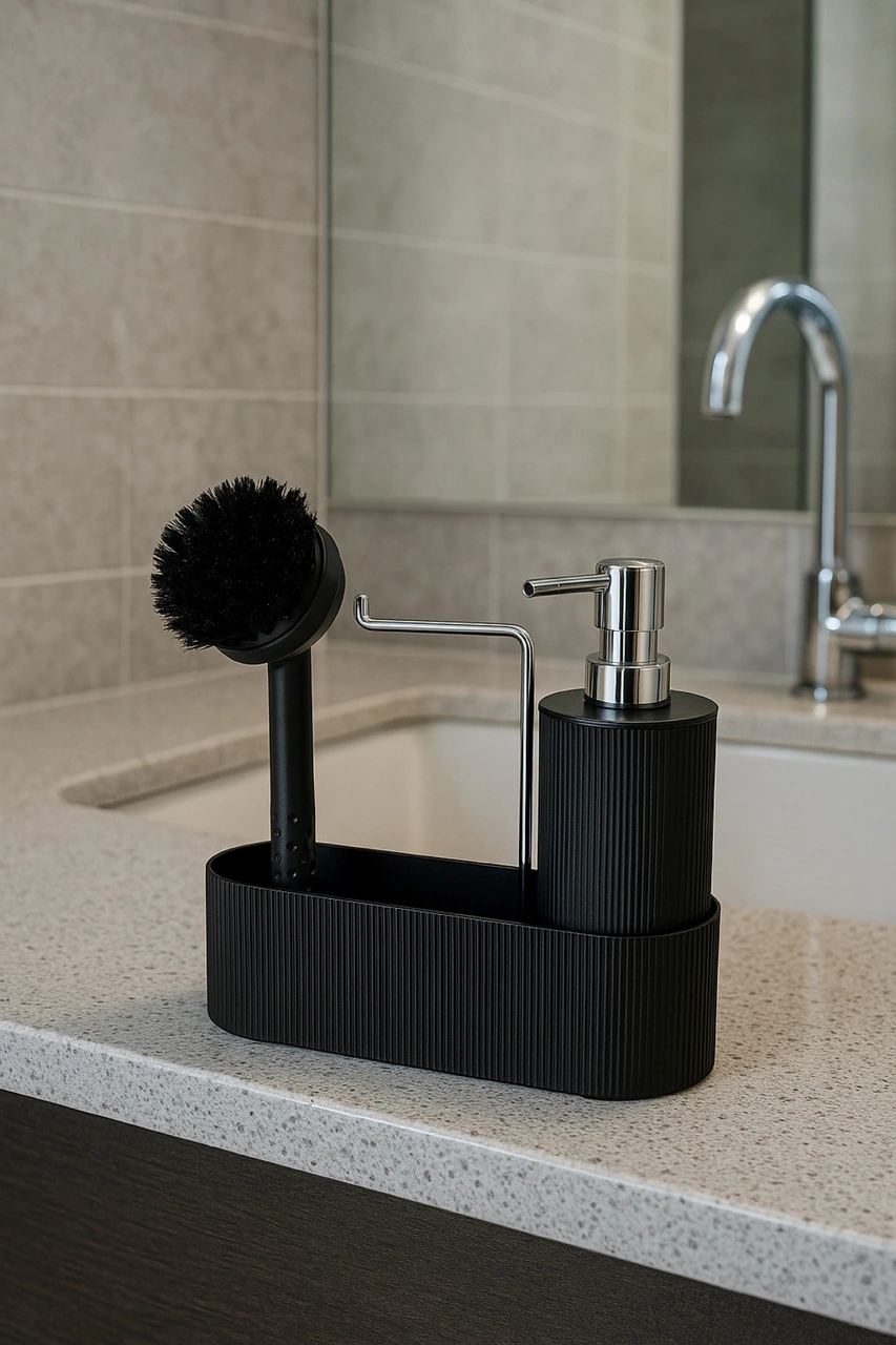 Mutfak Tezgahı Düzenleyici Set Sıvı Sabunluk Ve Bulaşık Fırçası Aparatlı Dc-6776 Siyah