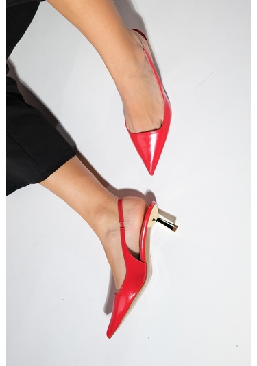 Luvishoes Marten Kırmızı Cilt Kadın Sivri Burun Arkası Açık İnce Topuklu Ayakkabı Kırmızı