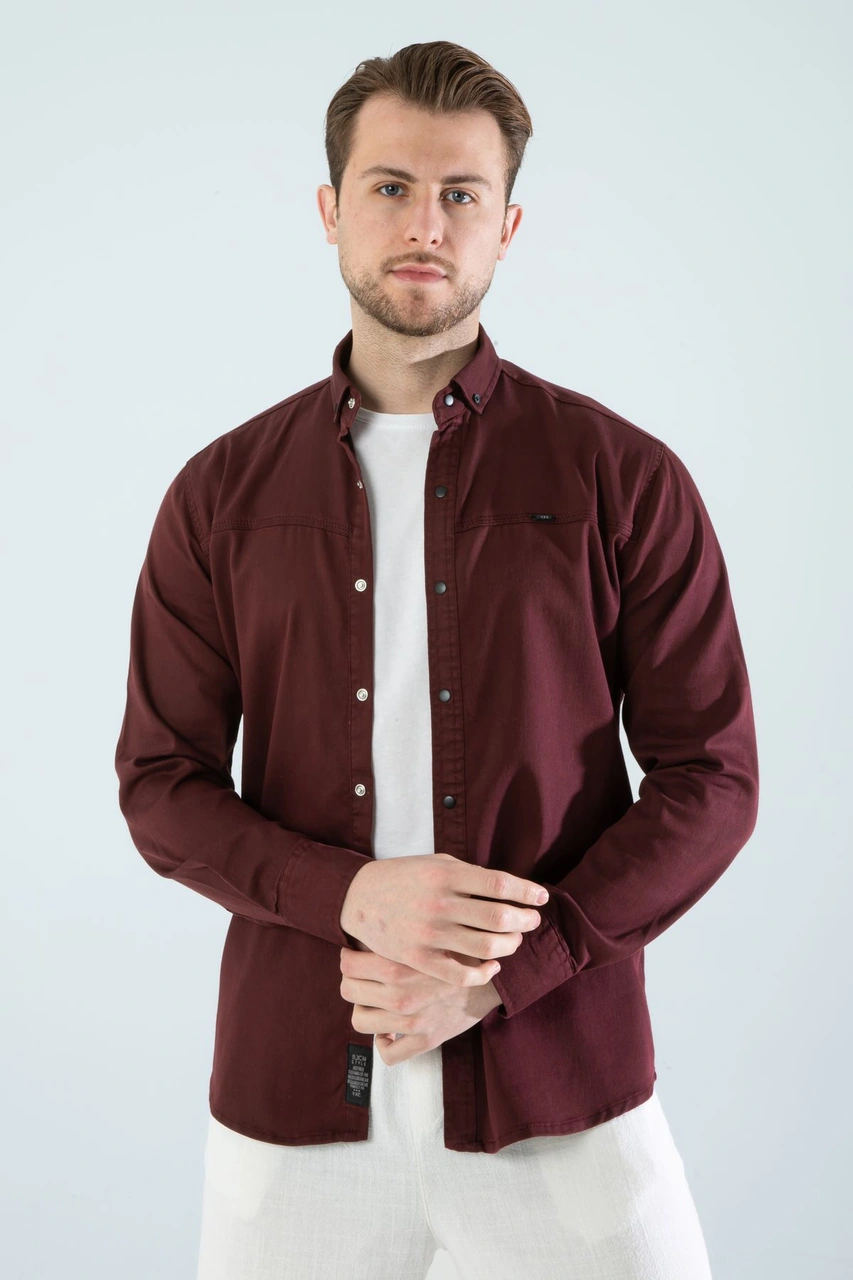 Slim Fit Erkek Cepsiz Kot Gömlek Bordo