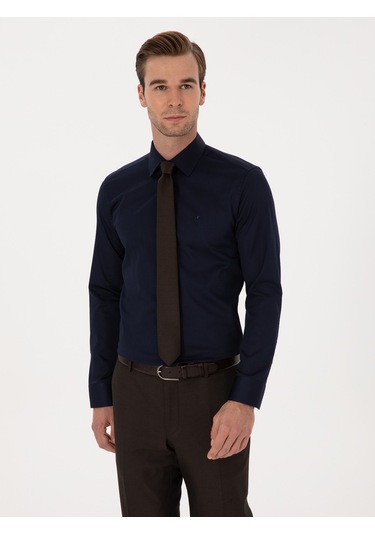Cacharel Lacivert Slim Fit %100 Pamuk Klasik Gömlek