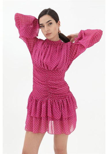 Büzgülü Puantiyeli Şifon Elbise - Fuşya-fuşya Fuşya