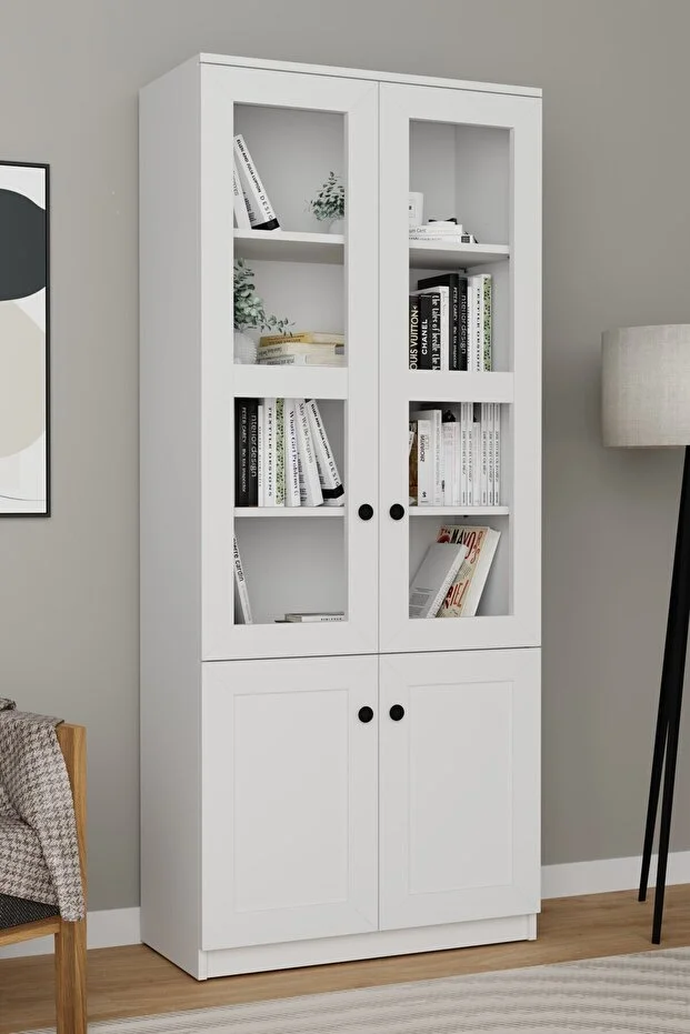 Lisa 4 Kapaklı Beyaz Vitrin - Kitaplık Ve Çok Amaçlı Dolap Beyaz