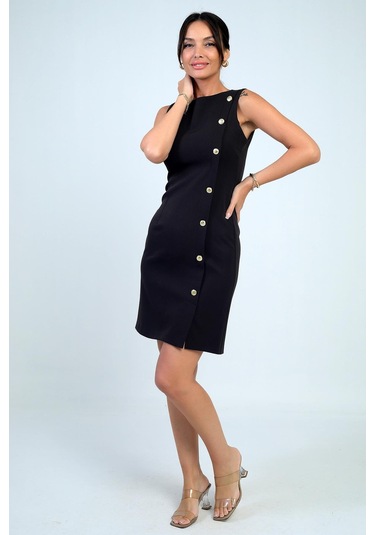 Kadın Kendinden Telalı Yan Düğmeli Kısa Elbise-41571 Kahve