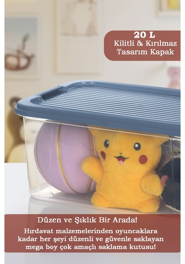 20 Lt Multibox Saklama Kabı - Kilitli Kapaklı Çok Amaçlı Düzenleyici Kiler Depolama Saklama Kutusu Mavi