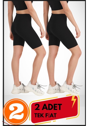 Kadın Kısa Siyah Şort Tayt 2'li Paket Lycralı Yüksek Bel Toparlayıcı Mevsimlik Biker 21070 Siyah - Siyah