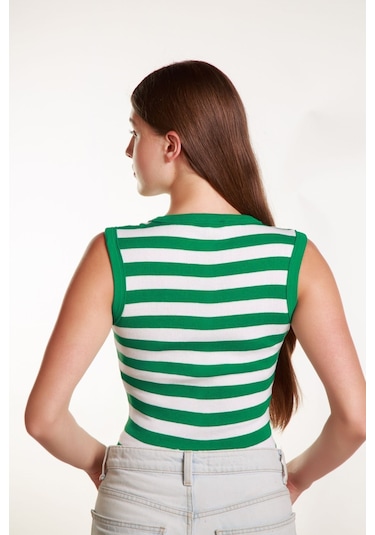 Kadın Yeşil Beyaz Çizgili Fitilli Likralı Sıfır Kol Bisiklet Yaka Örme Atlet Tshirt Bluz Yeşil - Beyaz