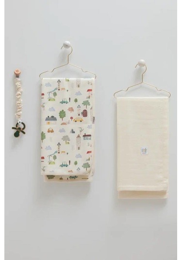 Erkek Bebek 2'li Müslin ve Penye Battaniye 80x90 CM Car-2206 Krem