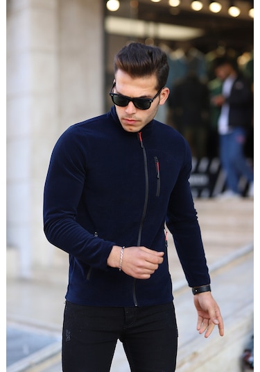 Kozik Lacivert Standart Kalıp Tam Fermuarlı 3 Çepli Erkek Polar Lacivert