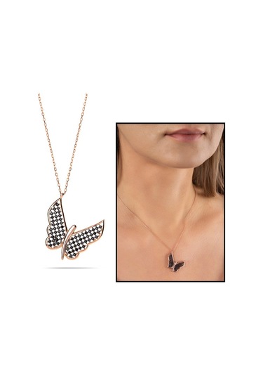 Siyah Zirkon Taşlı Zarif Tasarım Rose Renk 925 Ayar Gümüş Kelebek (459601787)