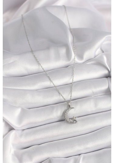 Gümüş Renk Zincir Zirkon Taşlı Hilal Model Yıldız Detay Kadın Kolye - Ebj241228w30263 Bakır