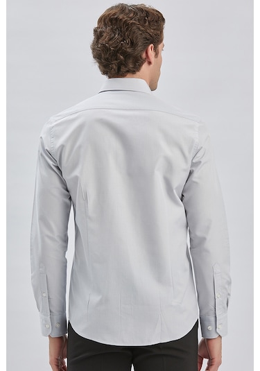 Gri Uzun Kollu Bez Ayağı Sert Yaka Cepsiz Pamuklu Klasik Slim Fit Dar Kesim Gömlek 1004240230 Gri