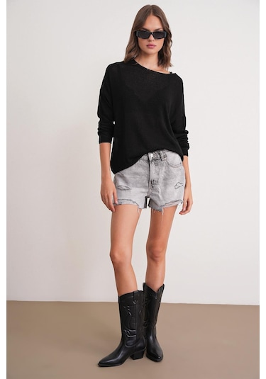 6933 Kadın Kayık Yaka İnce Mevsimlik Triko Kazak Siyah Siyah