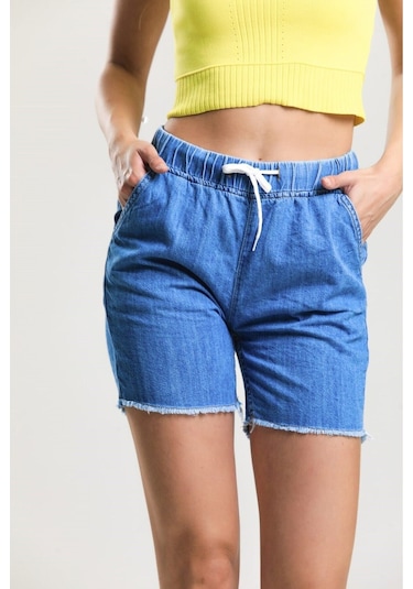Pass&Pass 2080 Kadın Püsküllü Paça Jeans Denim Kot Şort Mavi