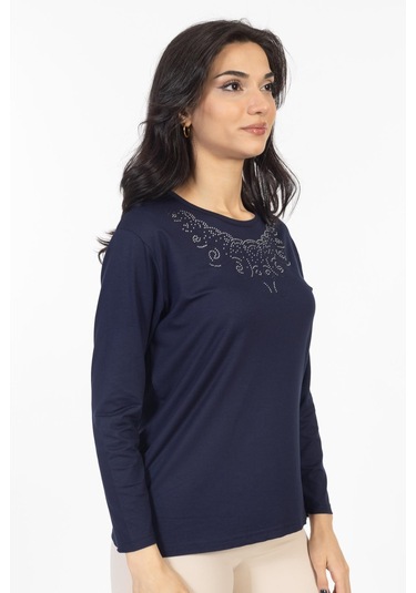 Yeni Model Taş İşlemeli Yuvarlak Yaka Likralı Anne Penye Bluz 6420-lacivert