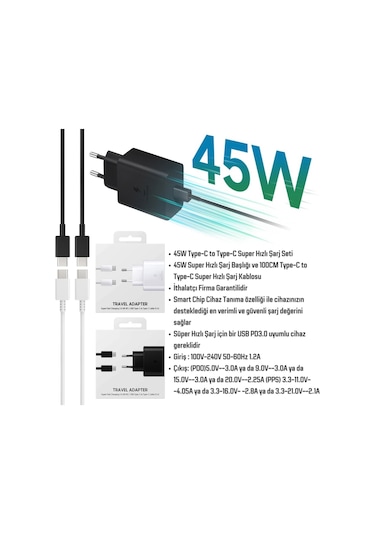 Galaxy A15 Uyumlu 45W Super Hızlı Type-C Şarj Aleti Seti - İthalatçı Garantili - Beyaz