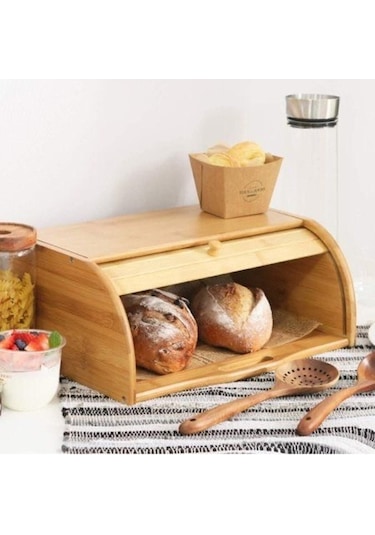 Qerhome Bambu Açılır Kapanır Kapaklı Ekmek Kutusu 38x19cm Kahve