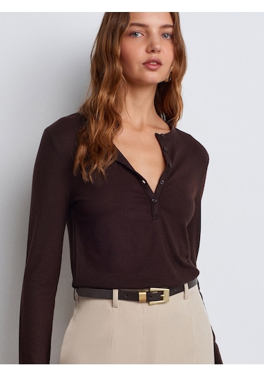 Dilvin 31544 Düğmeli Uzun Kollu Top-koyu Kahve Koyu Kahve