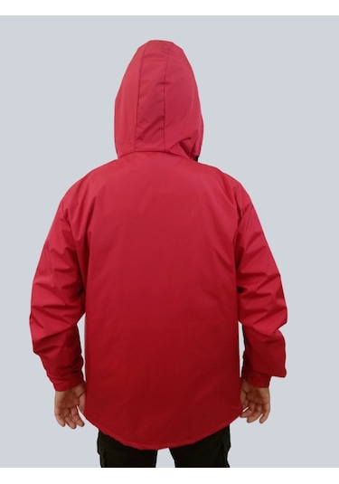 Erkek Kapüşonlu File Detaylı Kırmızı Yağmurluk Kırmızı