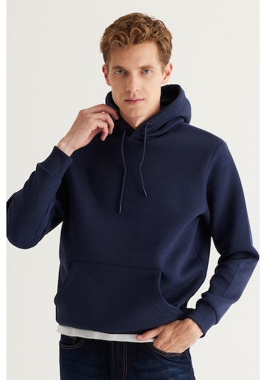 AC&Co / Altınyıldız Classics Erkek Lacivert Pamuklu Standart Fit Normal Kesim Kapüşonlu Kanguru Cepli Eşofman Takımı Lacı Lacivert