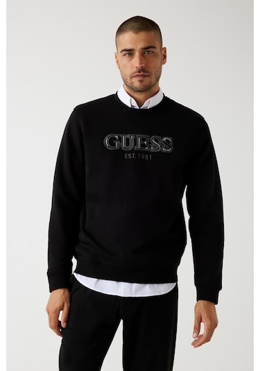 Guess Erkek Fleece Nakışlı Logo Sweatshirt - Siyah Siyah