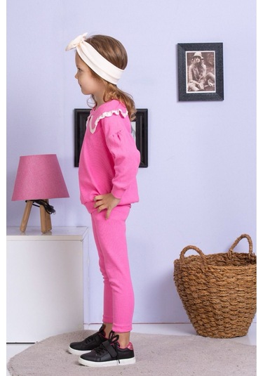 Fisto Yaka Detaylı Alt Üst Kaşkorse Kız Çocuk Takım Pembe
