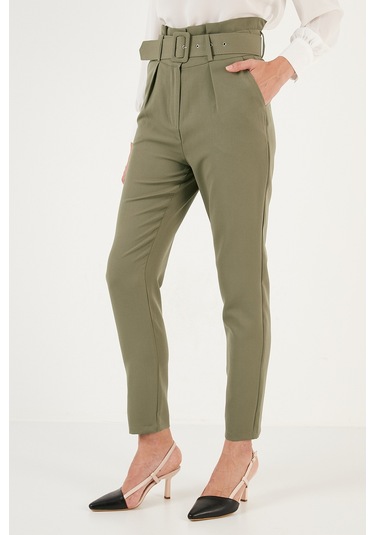 Lela Yüksek Bel Cepli Kemerli Regular Fit Kumaş Bayan Pantolon 611Pl04 Olive