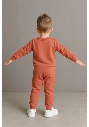 Erkek Çocuk Nakışlı İki Parça Eşofman Takımı %100 Pamuk Kiremit