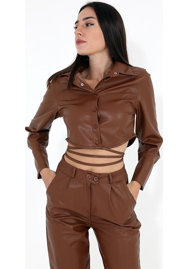 İçi Kadife Bağcıklı Kadın Kısa Deri Gömlek - Taba-taba Taba