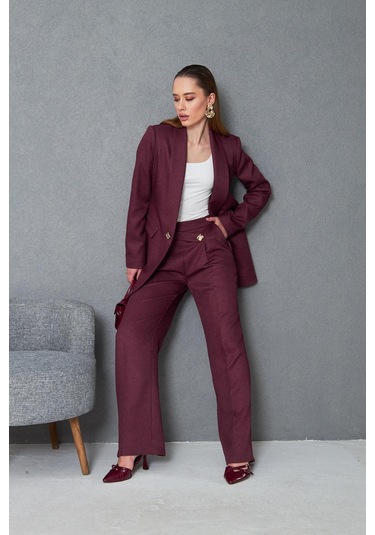 Kare Düğmeli Yünefekt Takım Mürdüm Düz Mürdüm