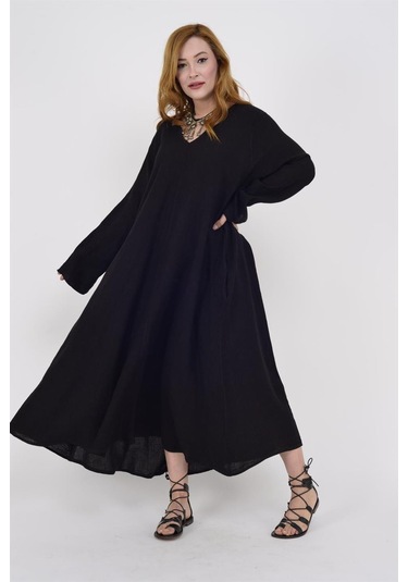 İtalyan V Yaka Uzun Kol Keten Elbise-8907 Siyah