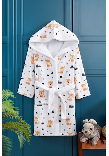 Forest Fox Dijital Baskılı Çocuk Bornozu Turuncu