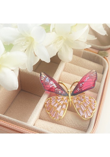 Broş Kadın Altın Kaplama Zirkon Taşlı Kelebek Yaka İğnesi Broş Ro Altın - Kırmızı