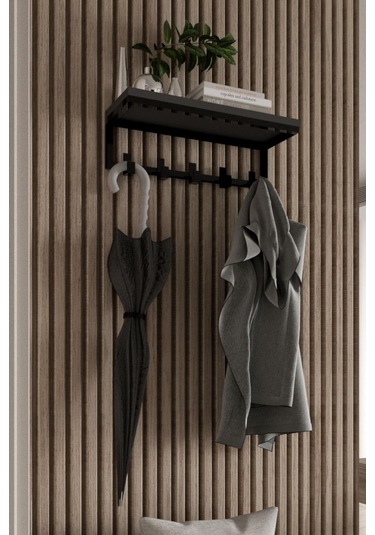 Aju Modern Portmanto Duvar Tipi Askılık Ve Raf Ceket Şemsiye Çanta Havlu Elbise Posta Koridor Askısı Siyah