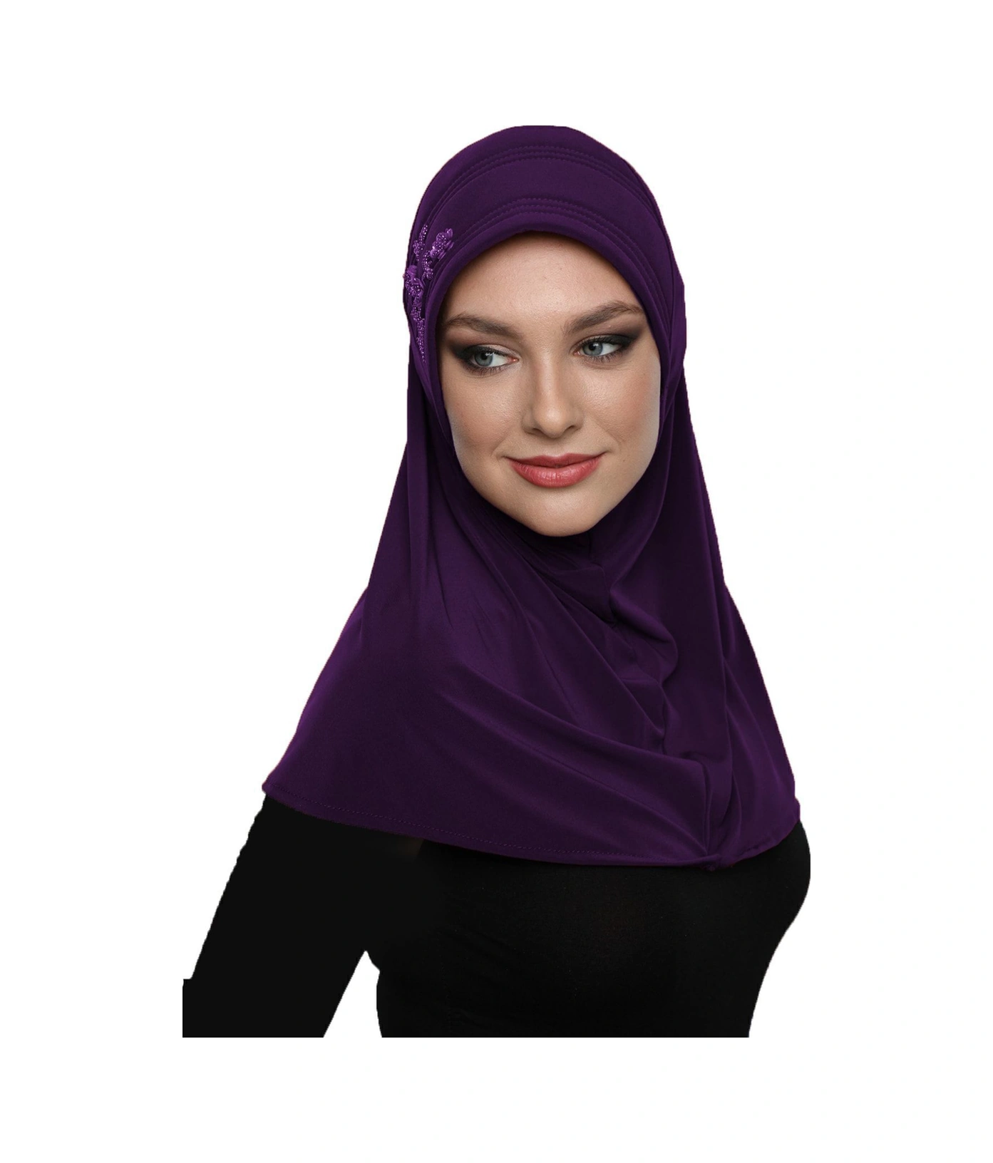 Takmatik Taşlı El Işi Boncuk Işlemeli Mor Hazır Türban Tesettür Bone Namaz Örtüsü Mor