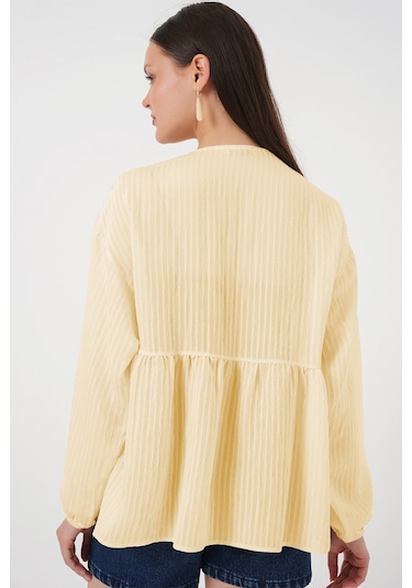 Kadın Önü Bağcıklı Uzun Kol Bluz 946 - Sarı Sari