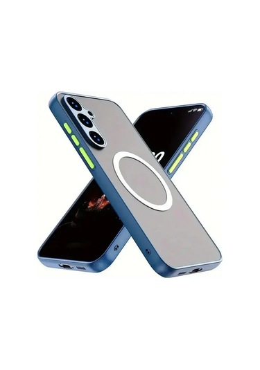 Elmpaly Samsung Galaxy S24 Fe Kılıf Manyetik Kablosuz Şarj Darbe Koruma Mat Asker Mavisi