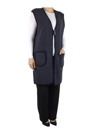 Kadın Desenli Üç Düğmeli Kalın Kışlık Yelek Lacivert