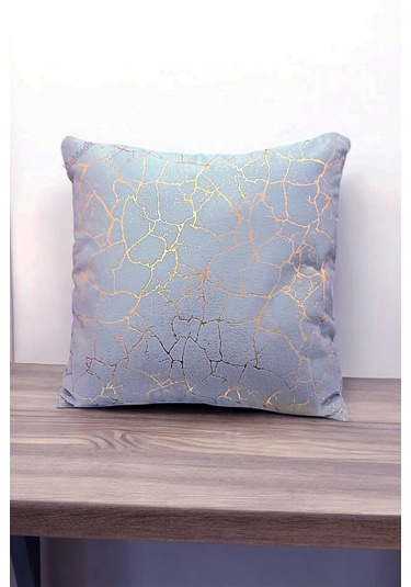 Altın Varak Desenli Dekorafit Tekli Kırlent Kılıfı 42x42 Cm Şık Ve Zarif Tasarım Açık Gri