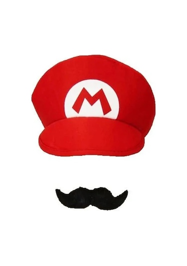 Geeroyoo Mario Şapka Ve Bıyık Seti - Kostüm Partileri İçin Mükemmel Aksesuar, %100 Polyester, Tek Beden