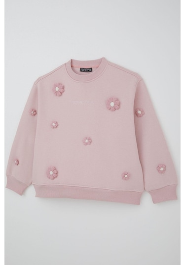 Locoloco Kız Çocuk Sweatshirt Çiçek Motifli 9-14 Yaş, Pembe Pembe